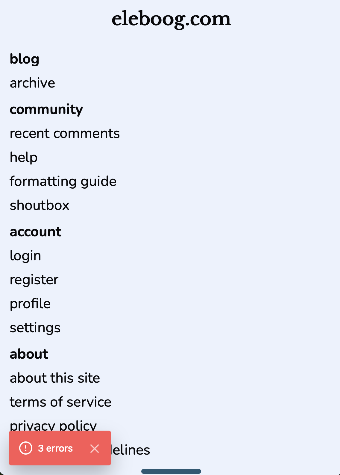 A screenshot of the original Next.js blog redesign's mobile navigation menu. It includes sections for "blog", "community", "account", and "about", mirroring the sitemap seen at the footer of the desktop site.