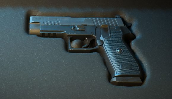 A screenshot of the P890 from Call of Duty: Modern Warfare II. It is a blocky steel-framed pistol with an exposed hammer protruding from the back of the slide. Image originally from PCGamesN: https://www.pcgamesn.com/call-of-duty-modern-warfare-2/best-p890-loadout