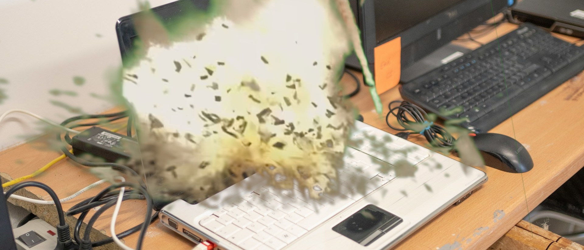 An old laptop exploding. Sloppily edited from a photo by Hugo Clément on Unsplash & a green screen explosion video on YouTube.