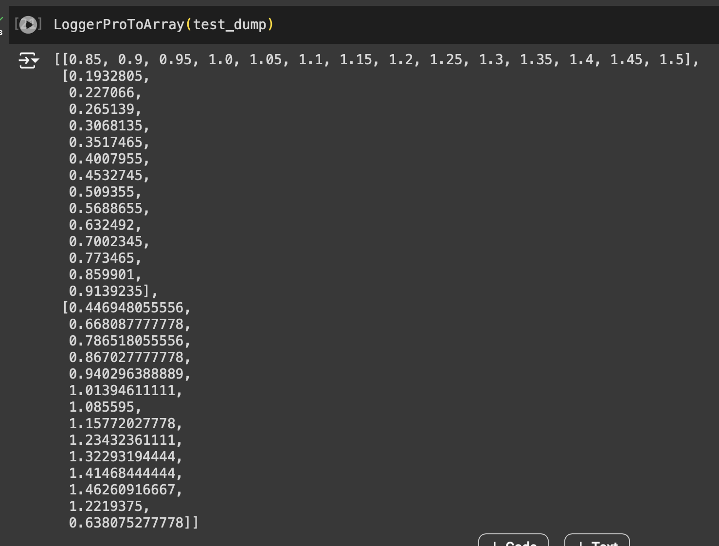 A screenshot showing the output of LoggerProToArray when ran by itself in Google Colab.