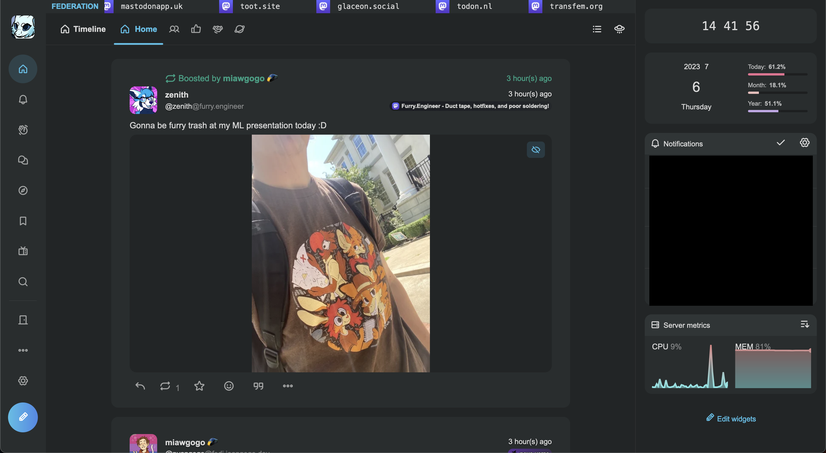 A screenshot of my Calckey instance as it is currently set up. My profile picture is in the top-left corner on top of a side bar containing numerous icons linking to different sections of the app. A "Federation" ticker is on the top of the screen, showcasing the instances that I am actively federating with. The main feed shows a post from zenith containing the text "Gonna be furry trash at my ML presentation today [smiley face]" and a picture of a t-shirt zenith is wearing featuring multiple anthro characters. Another side bar on the right has numerous widgets, including the time, date, notifications, and server stats such as CPU and RAM usage.