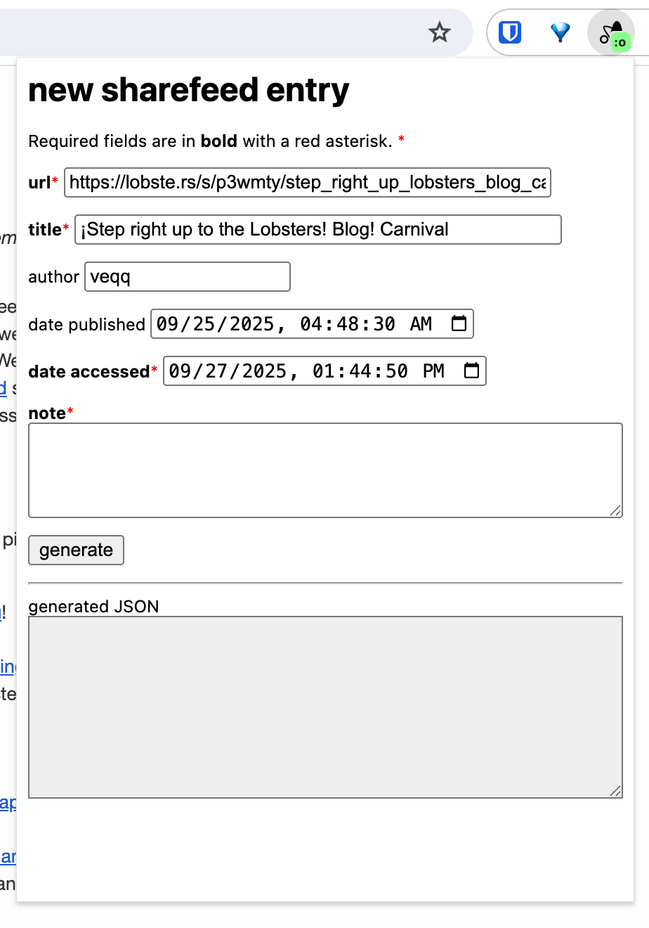 Another screenshot of my sharefeed extension. 
This time, all of the fields have been automatically filled in, save for the note field.