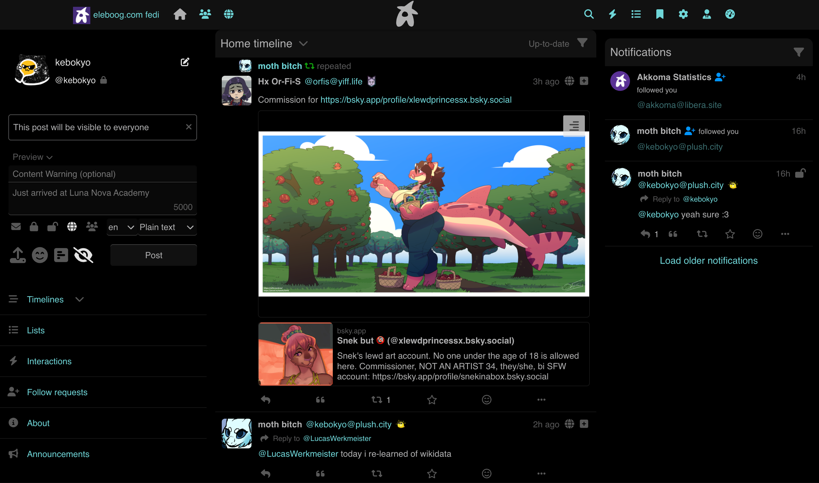 A screenshot of my Akkoma instance's home screen, showing multiple posts & reposts from my main fediverse account as well as the three-column layout of the default frontend.