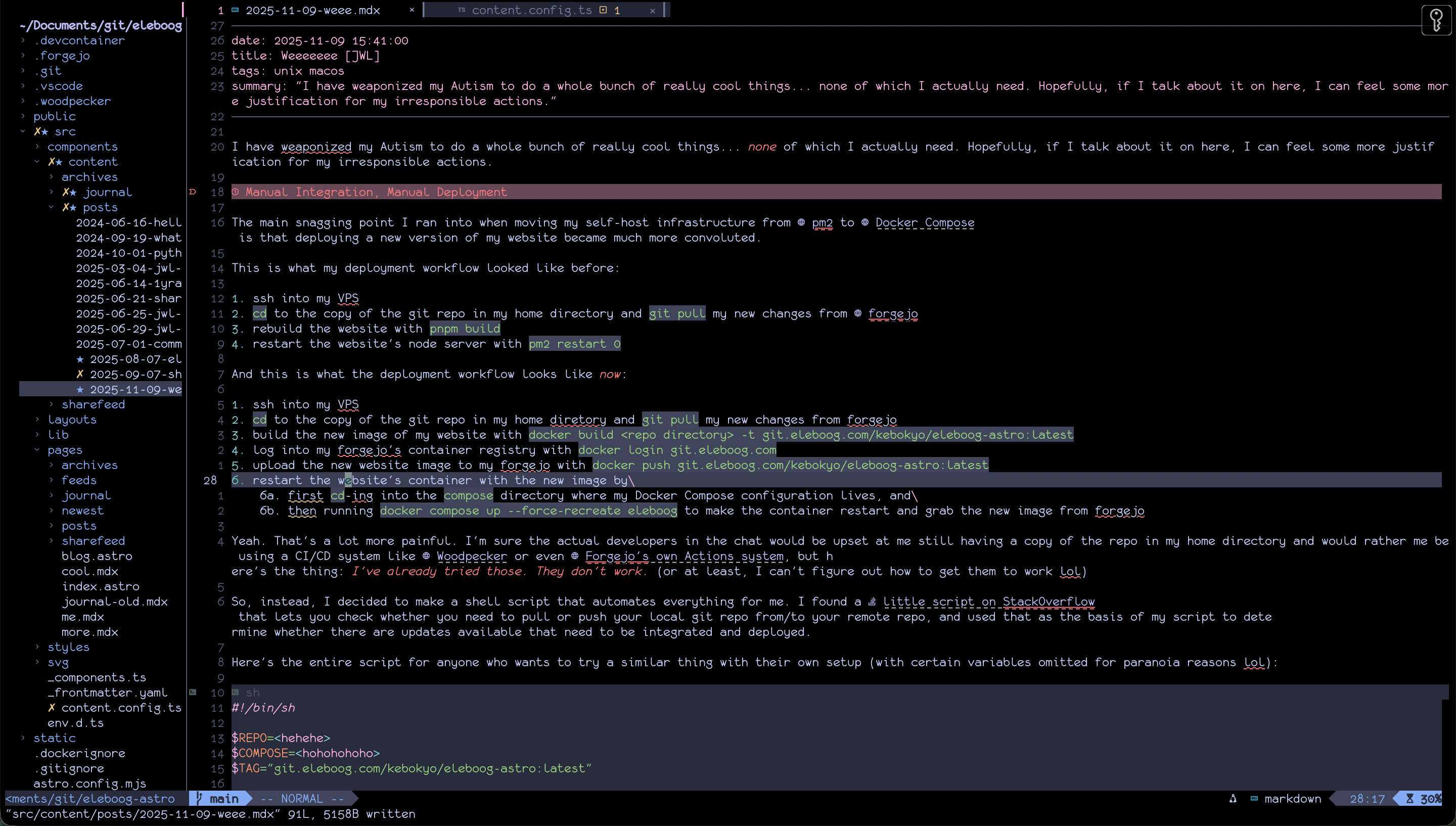 A screenshot of this very blog post being made in Neovim, complete with file tree, tab management, git status, and automatic Markdown rendering.
