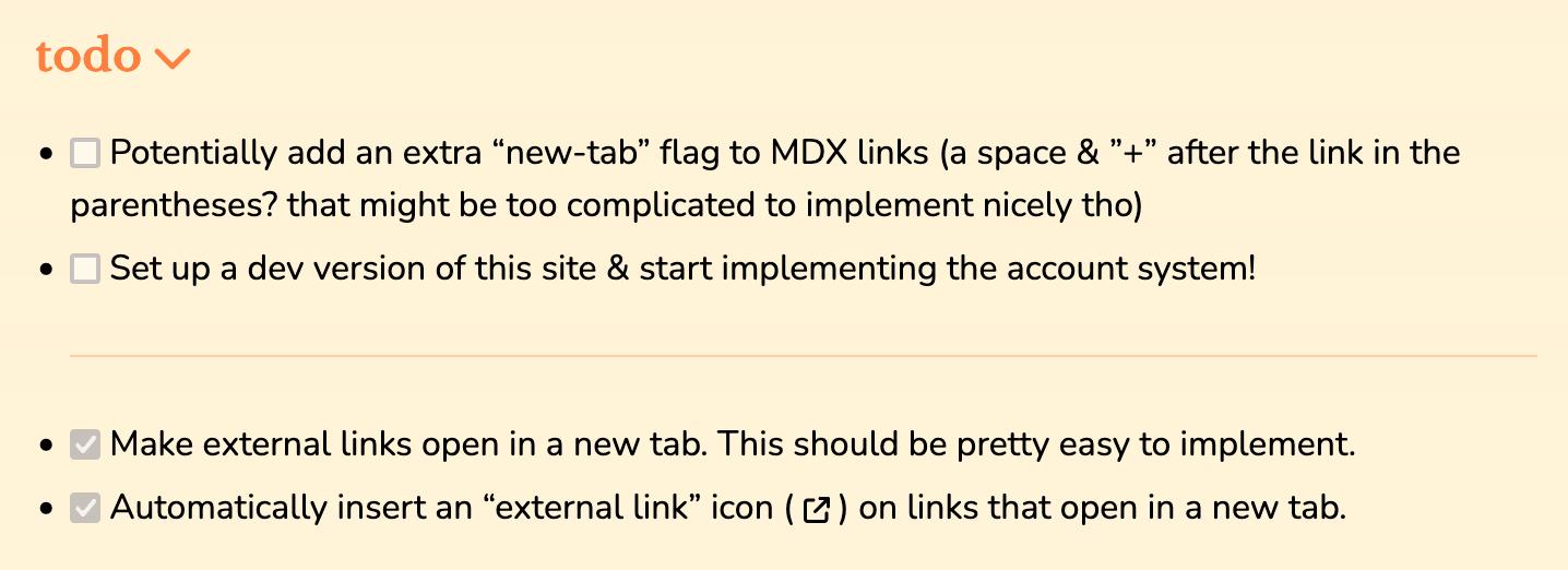 A screenshot of that same "todo" accordion but with Javascript disabled. It just looks like a regular section of the page, but with a special icon showing that it was meant to be an accordion.